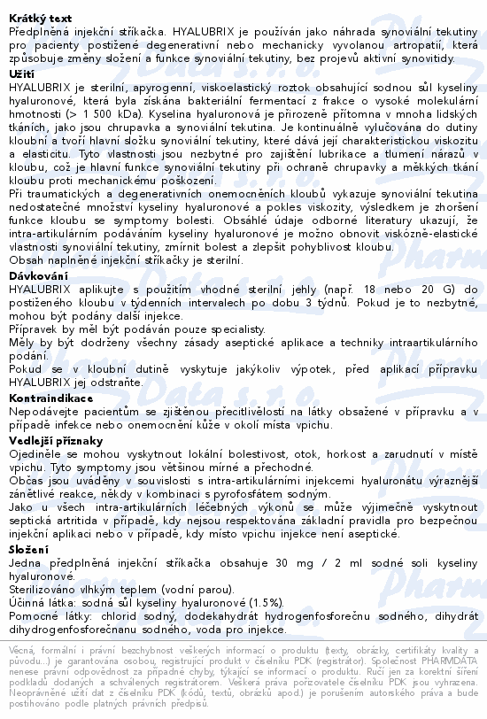 Hyalubrix injekce viskoelastický roztok 1x2ml/30mg